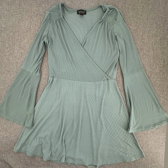 Topshop Ribbed Dress Bell Long Sleeves V-Neck Size 8 Nylon & Elastane‎ Green - Picture 2 of 14